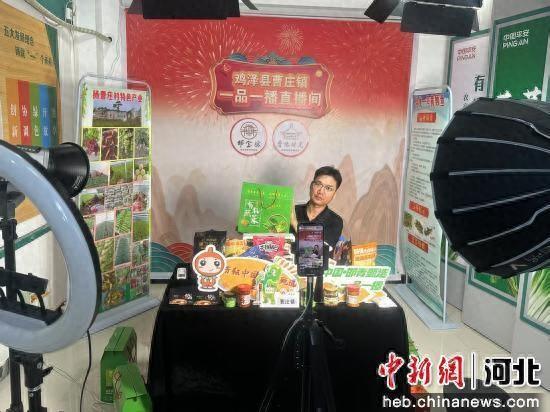 图为鸡泽县曹庄镇助农直播间，主播正在推介当地特色农产品。 侯子磊 摄