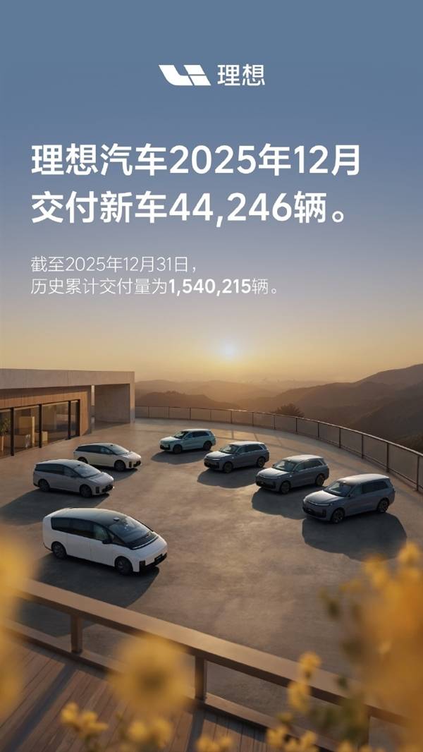 理想汽车12月交付44246辆 成首个150万销量的新势力品牌