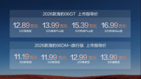 比亚迪2026款海豹06GT与海豹06DM-i旅行版上市，售价11.19-16.99万元