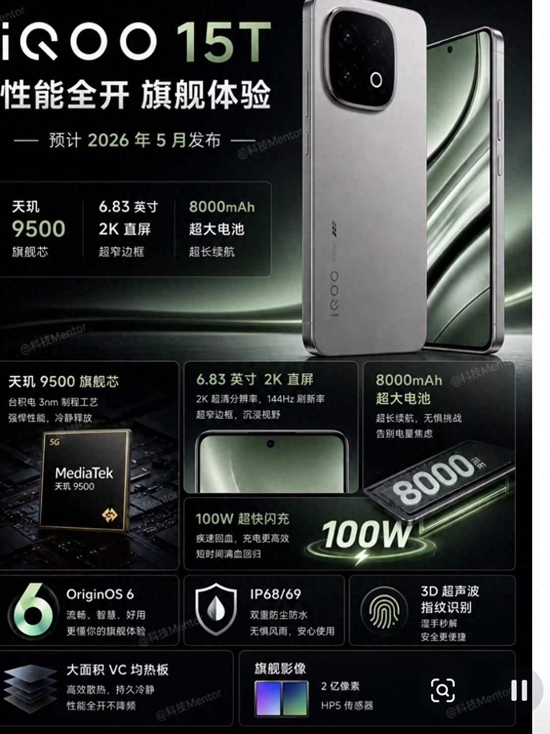 iQOO 15T 爆料汇总:天玑9500 + 2K直屏 + 8000mAh + 100W,这配置太顶了